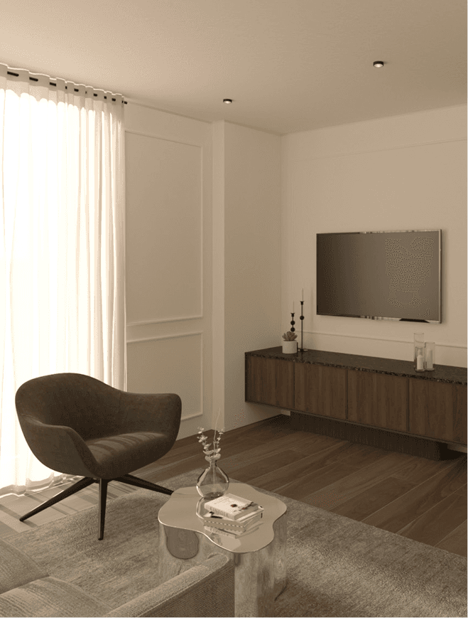 Salón moderno minimalista con silla tapizada, mesa auxiliar con libros y jarrón, y TV de pantalla plana junto a ventanal con cortinas.