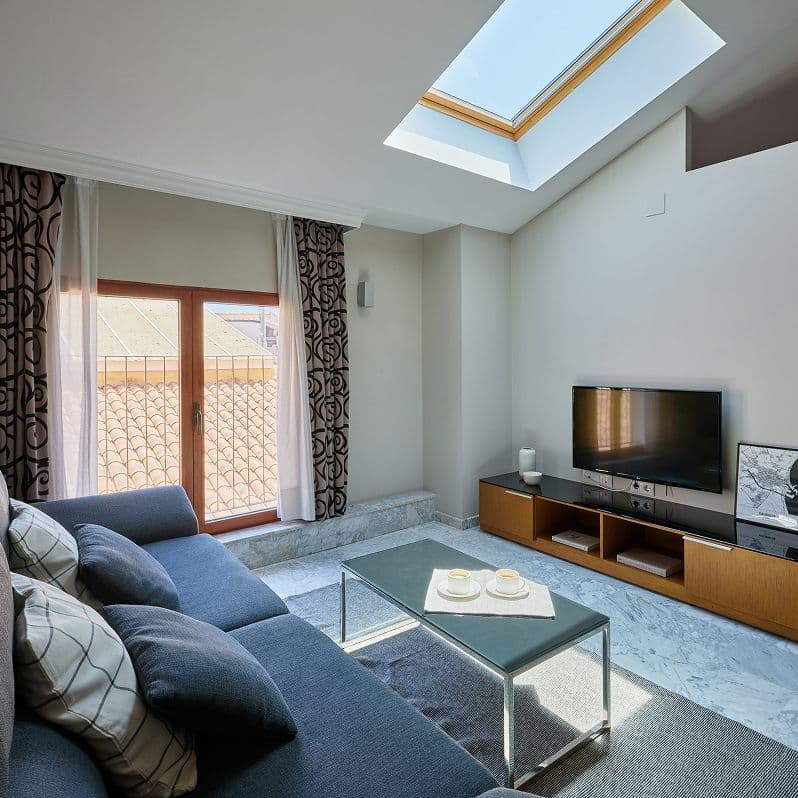 Salón moderno con sofá y lucernario en apartamento de Edificio Calle Juristas, Ciutat Vella