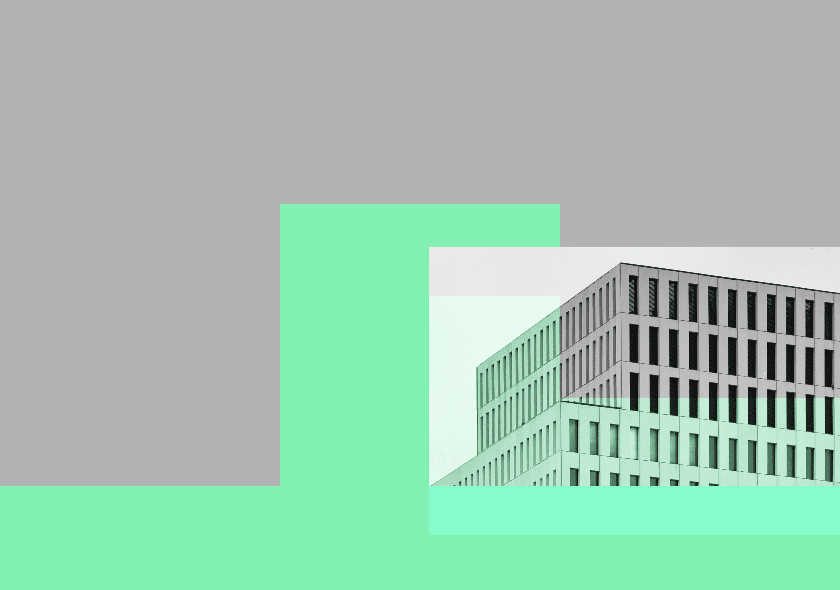 Imagen hero con bloques geométricos verdes superpuestos sobre fotografía en blanco y negro de un edificio moderno y líneas verticales en fondo gris
