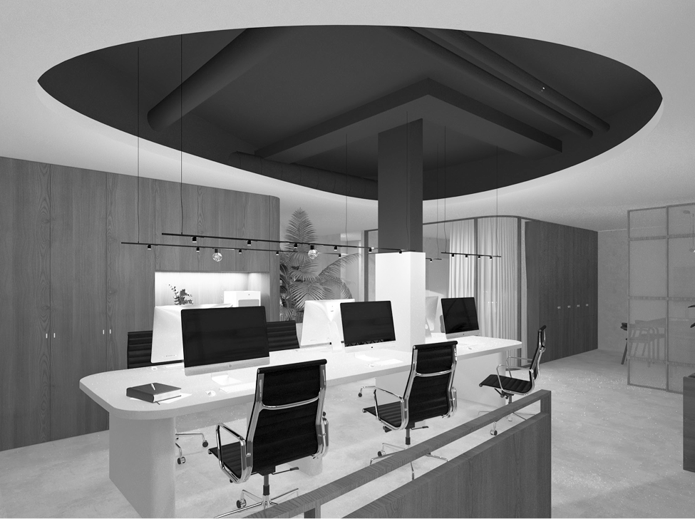 Interior de oficina moderna en blanco y negro con mesa central de trabajo, cuatro estaciones con ordenadores, sillas ejecutivas y mobiliario de madera
