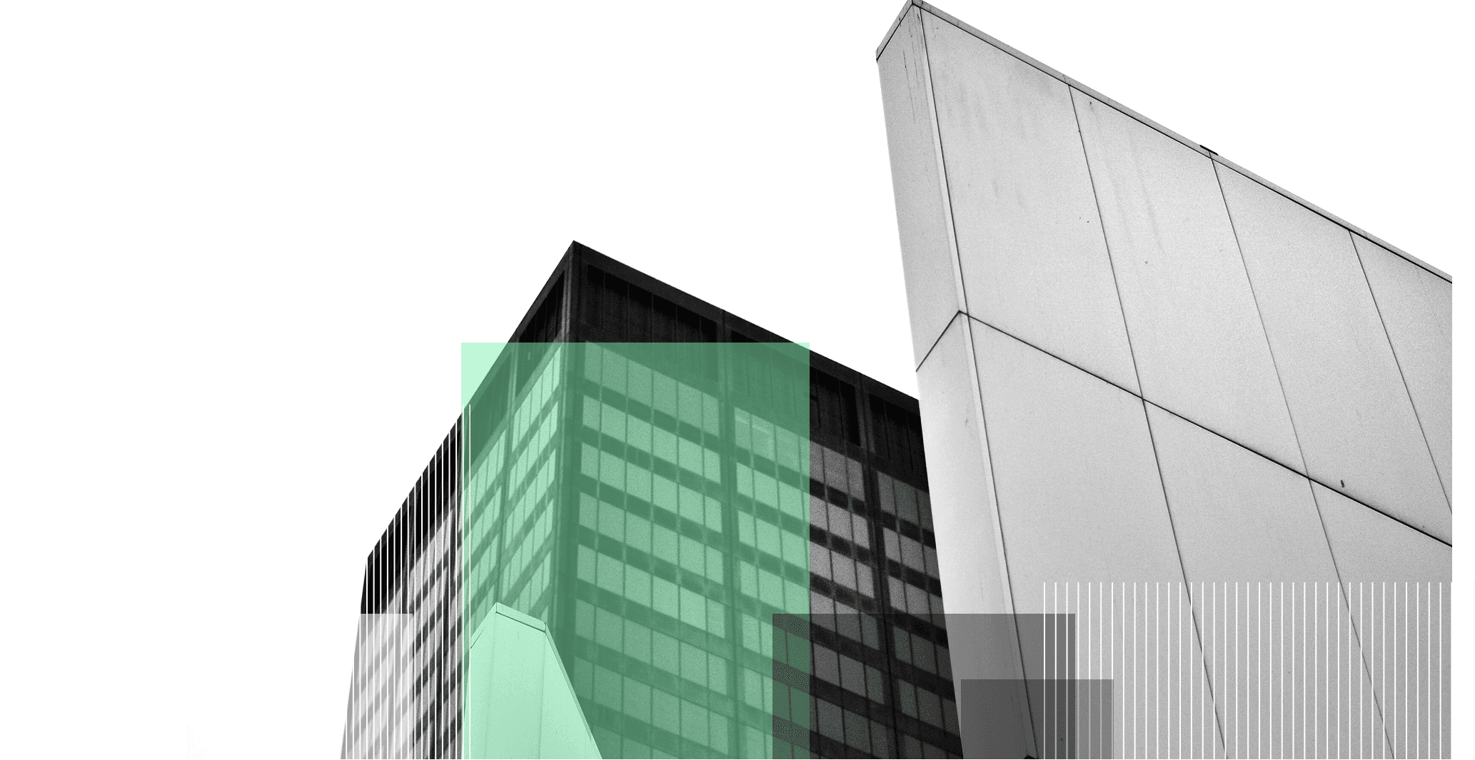 Composición arquitectónica en blanco y negro con volúmenes geométricos de fachada metálica y torre de oficinas con ventanas en cuadrícula